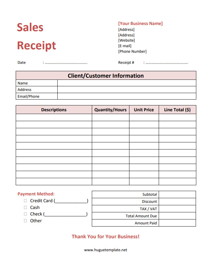 Professional small business sales receipt template with company logo and payment breakdown.