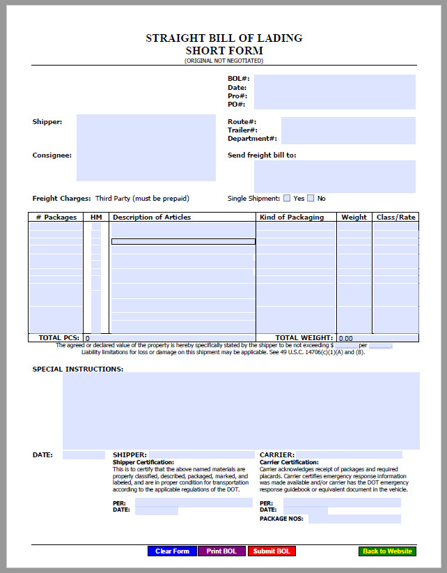 Straight Bill Of Lading Template