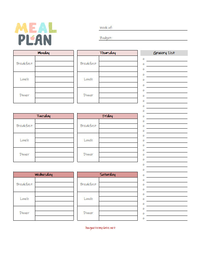 Organized Student Meal Planner Template with sections for breakfast, lunch, dinner, and snacks for each day of the week