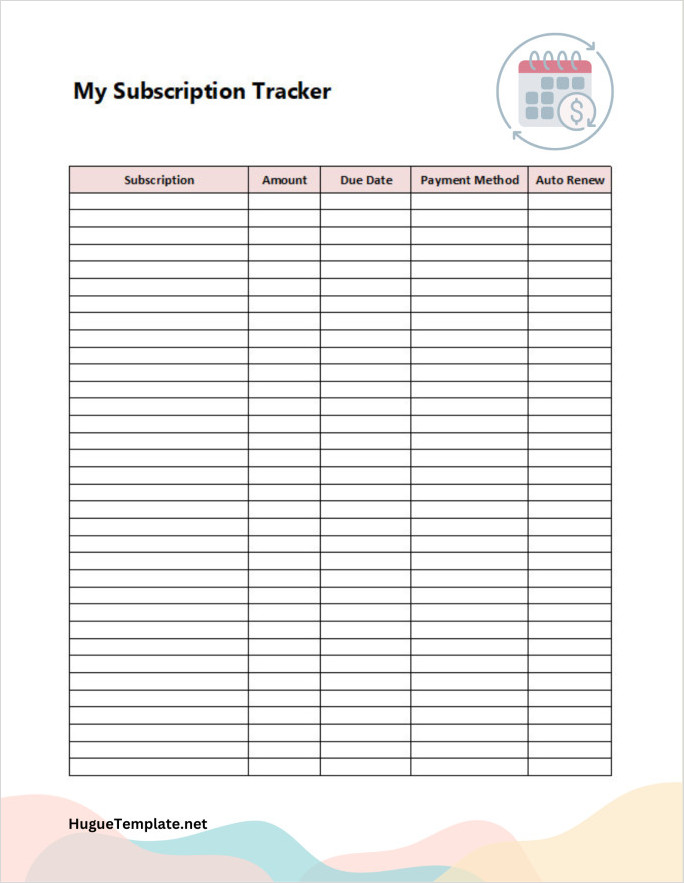 Free Printable Blank Subscription Tracker Sheet Template