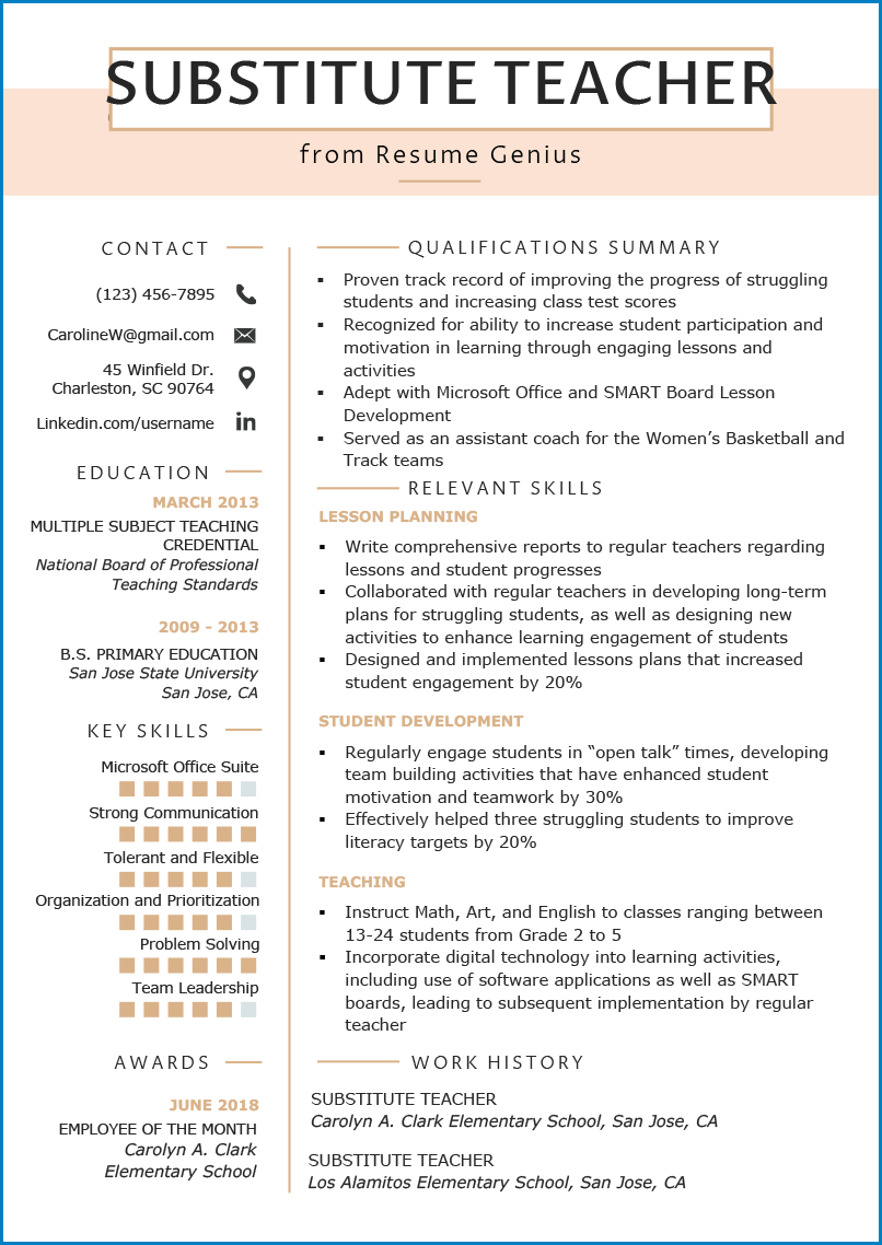 Teacher Resume Template Example