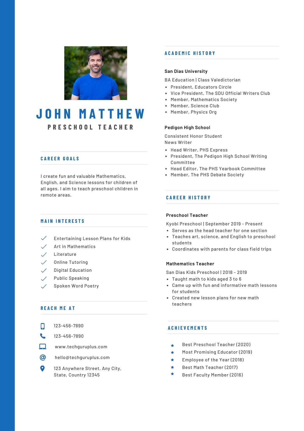 Teacher Resume Template Sample