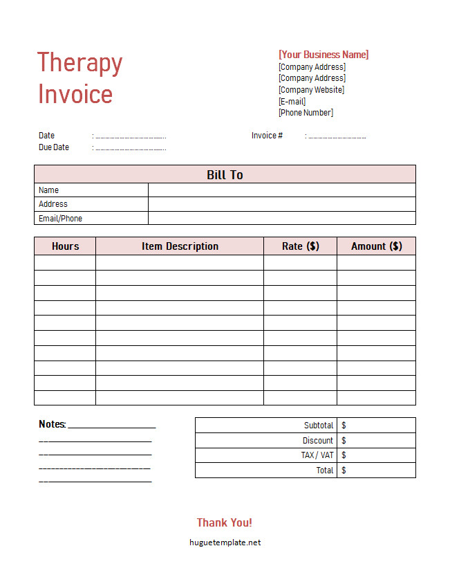 Professional therapy invoice template featuring sections for therapist and client information, session dates, service descriptions, and total charges.