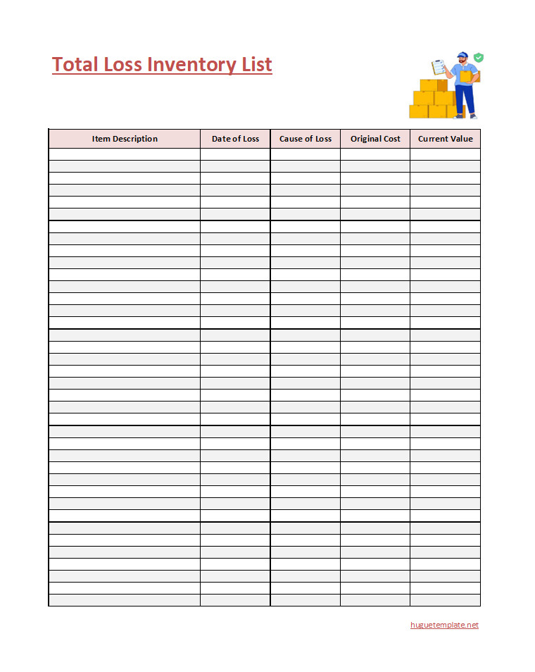 Comprehensive total loss inventory list template with sections for item descriptions, estimated value, and loss details.