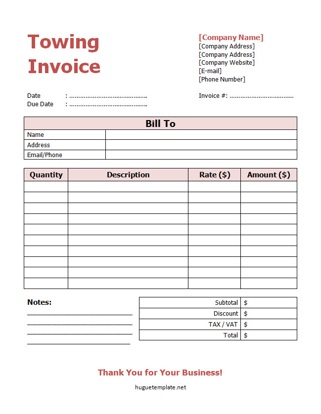 Professional towing invoice template featuring sections for towing company details, customer information, service description, and total charges.