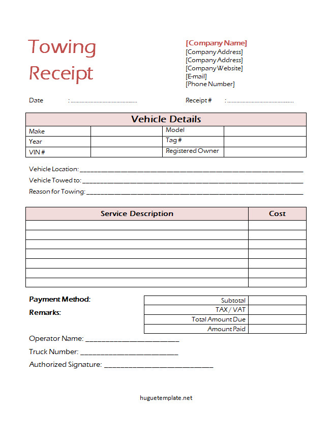 Professional towing receipt template with sections for tow truck company information, customer details, vehicle description, towing date, and total charges.