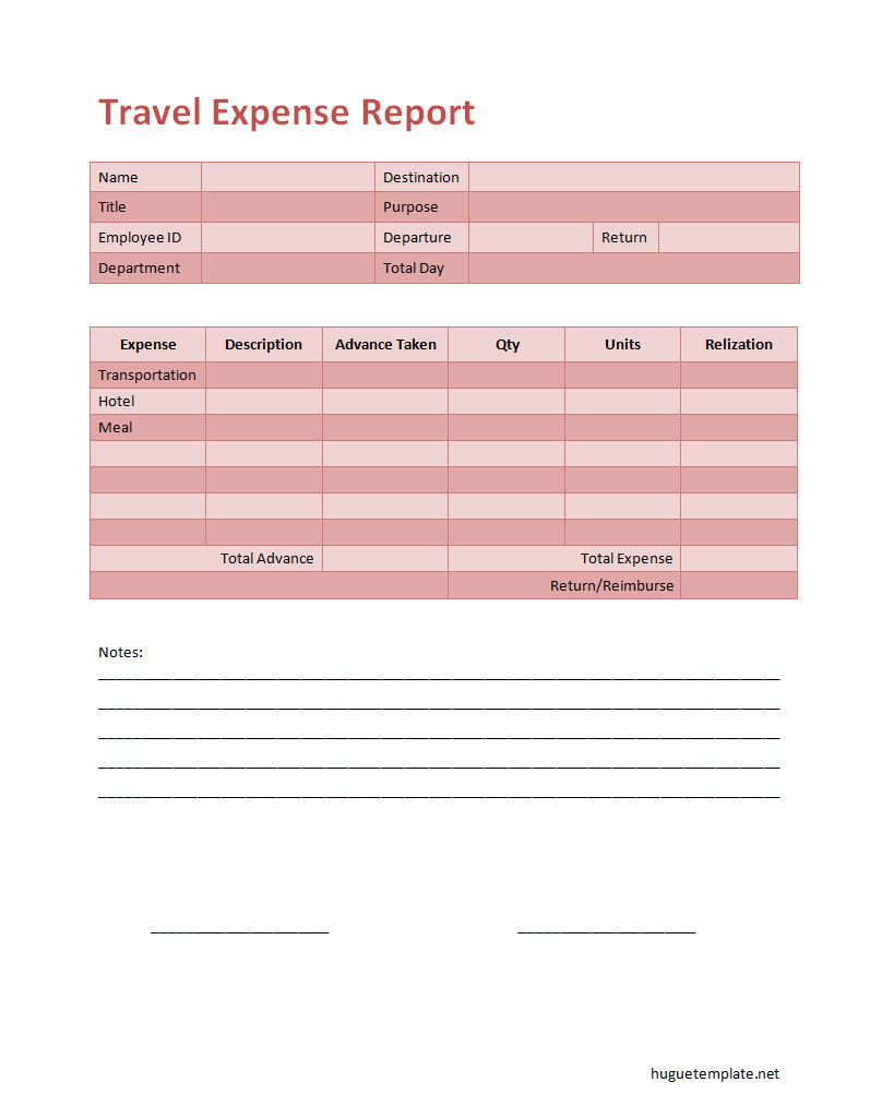 Travel expense report template featuring sections for date, description of expenses, and total costs incurred during a trip.