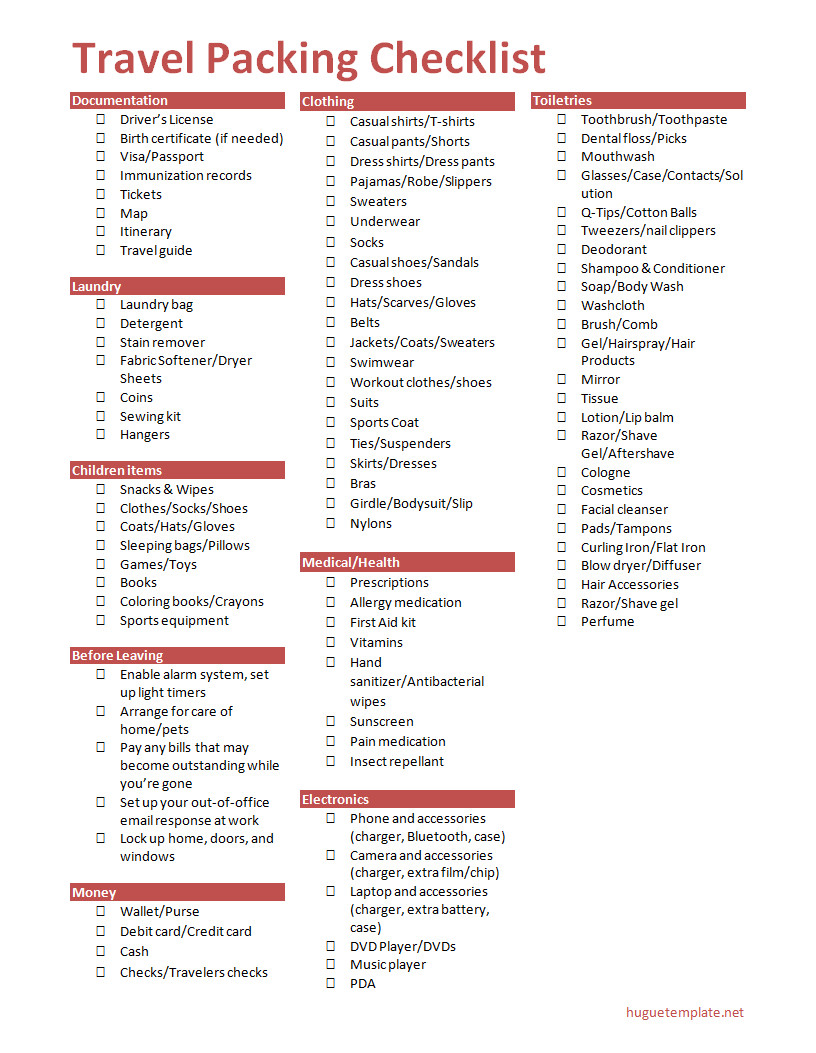 Minimalist travel packing checklist featuring checkboxes for items to pack, perfect for trip planning