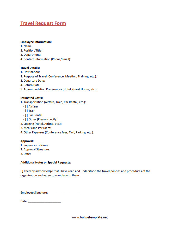 Customizable travel request form for employees to submit travel requests for business trips