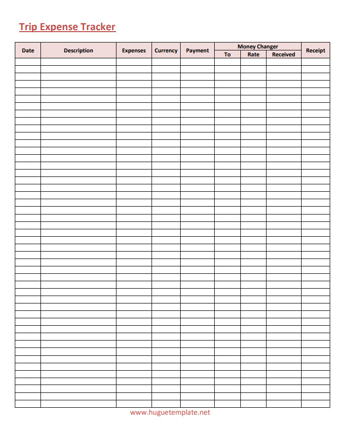 Professional trip expense tracker template featuring clear sections for recording spending details.