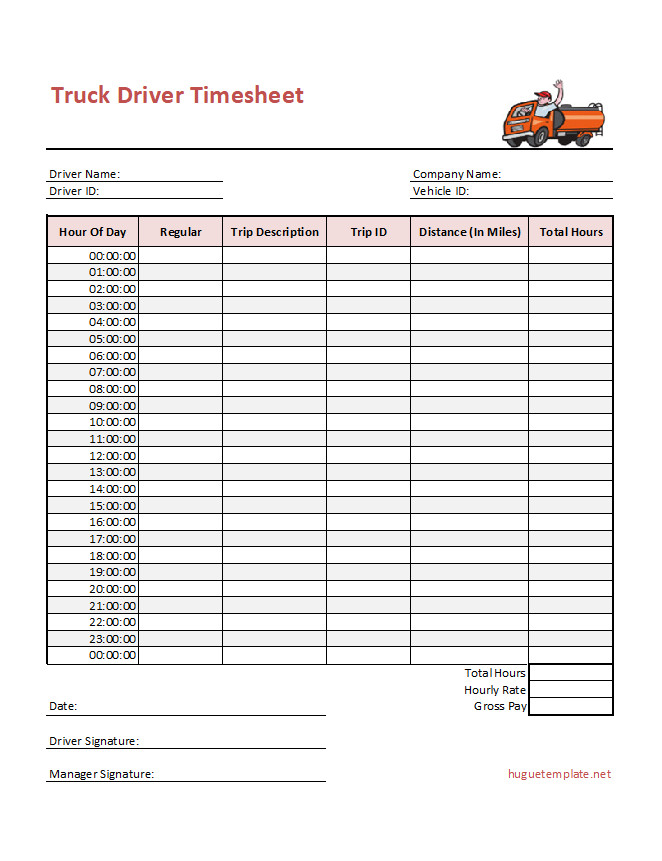 Detailed truck driver timesheet template with sections for date, driving hours, rest breaks, and total miles driven.