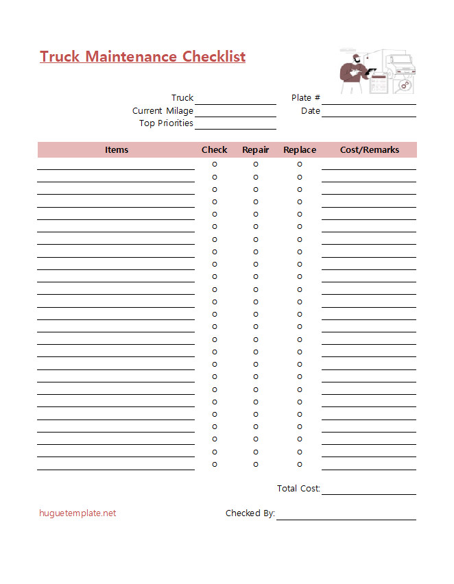 Printable truck maintenance checklist template featuring fields for routine checks, maintenance dates, and mechanic's notes