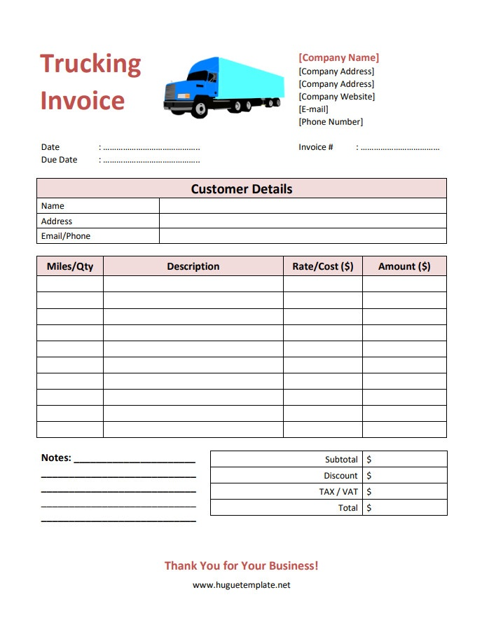 Customizable trucking invoice template for trucking companies with itemized charges