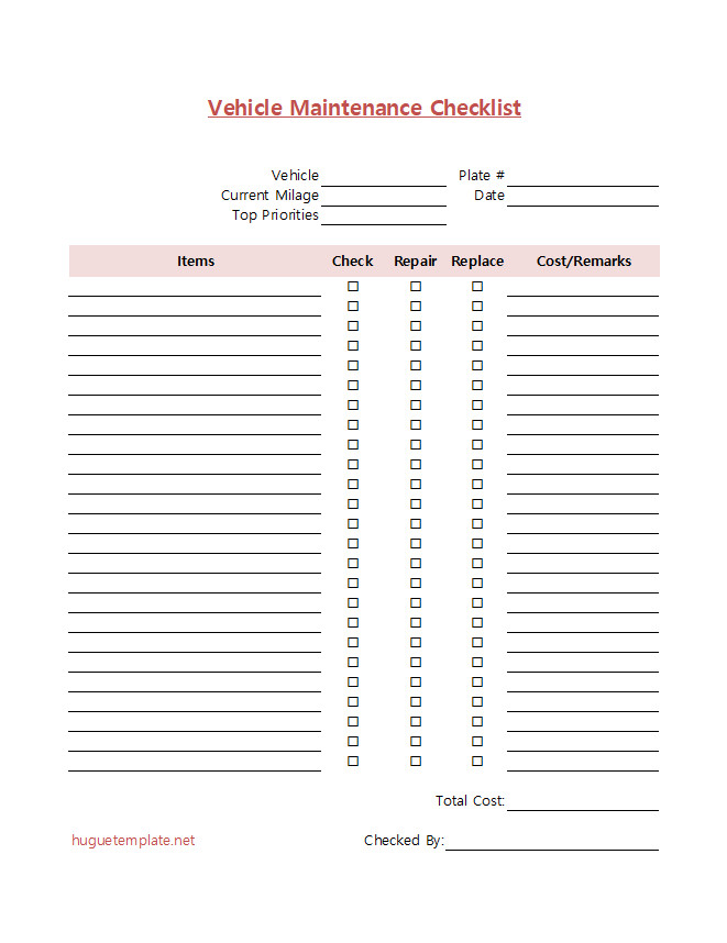 Comprehensive vehicle maintenance checklist template featuring sections for regular inspections.