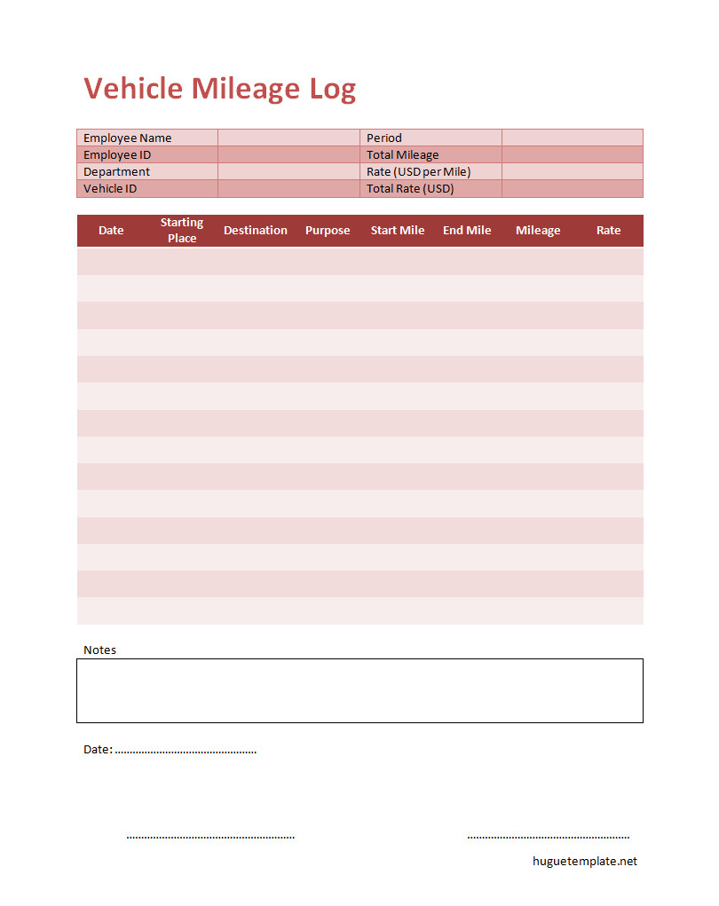 Vehicle mileage log template featuring sections for recording dates, starting and ending odometer readings, and purpose of travel.