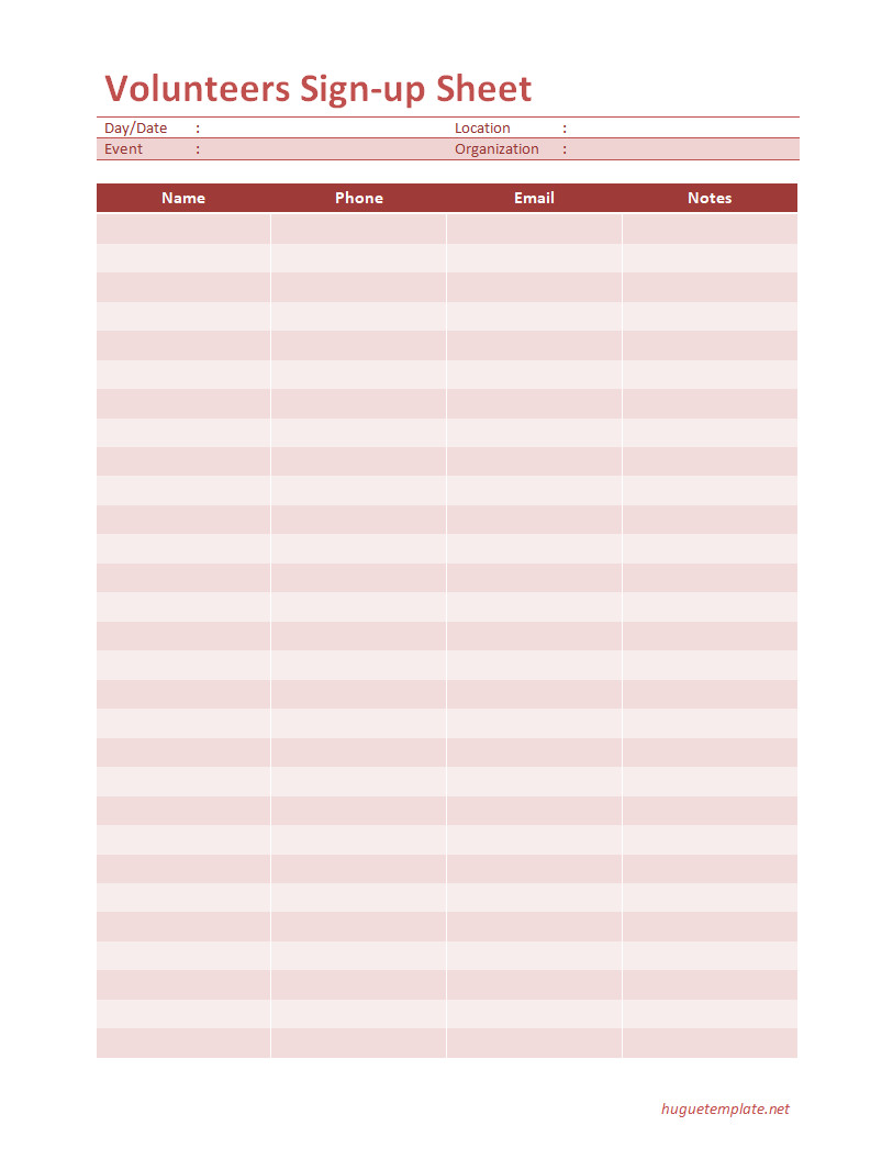 Customizable volunteer sign-up sheet featuring columns for roles, schedules, and participant information.