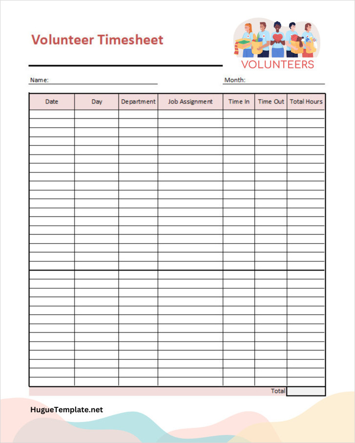 Free Printable Blank Volunteer Timesheet Template Excel Format.