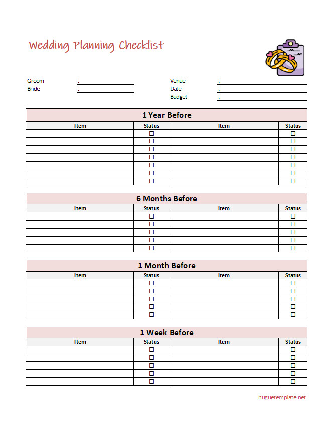 Printable wedding planning checklist template featuring fields for tracking wedding tasks.