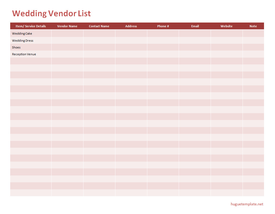 Customizable wedding vendor list template featuring sections for vendor names and services