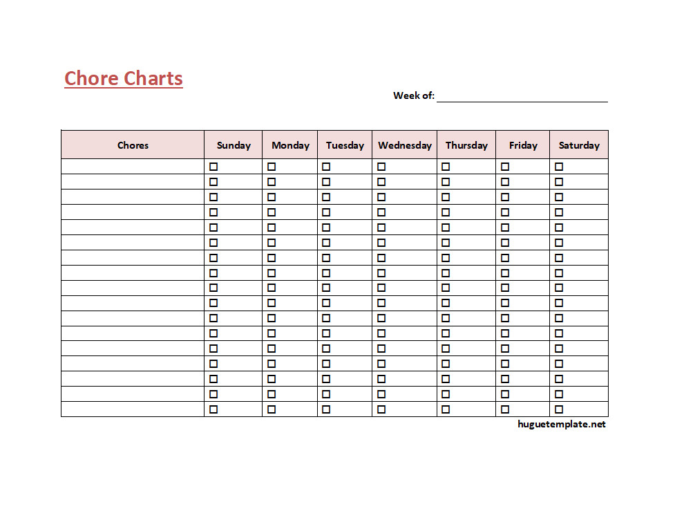 Weekly chore chart template featuring columns for days of the week and rows for different household tasks, with checkboxes for completion.