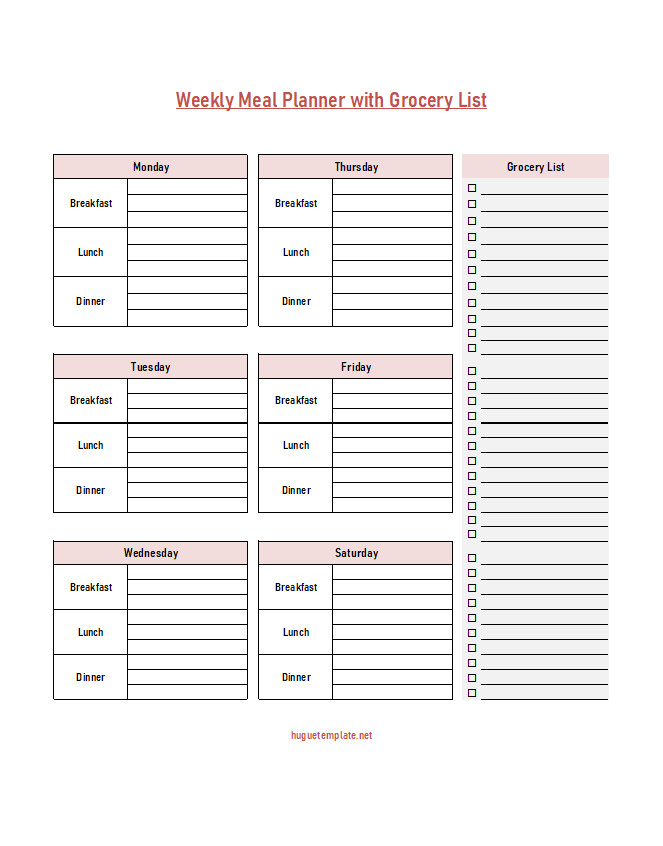 Organized weekly meal planner template featuring meal slots for each day, along with a corresponding grocery list to streamline shopping.