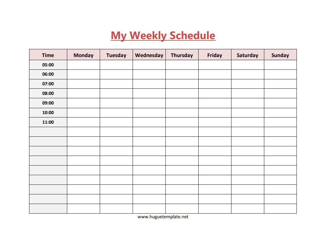 Customizable weekly schedule template for organizing tasks and appointments by the hour.